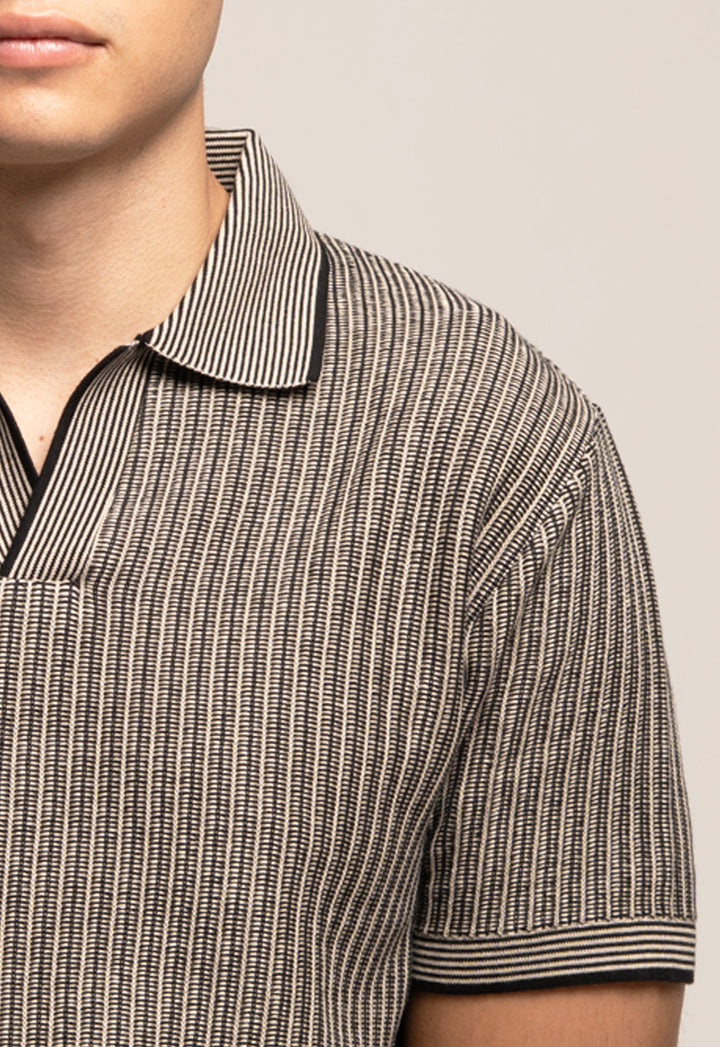 Knitted Striped Polo T-Shirt – Grey