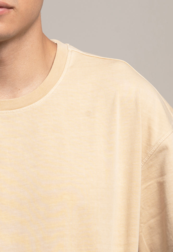 Drop-Shoulder Tee with Geometric Band - Beige