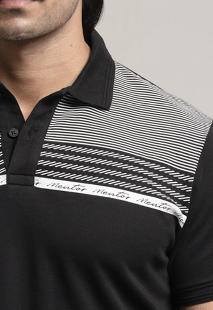 Polo T-Shirt with Striped Yoke - BLACK