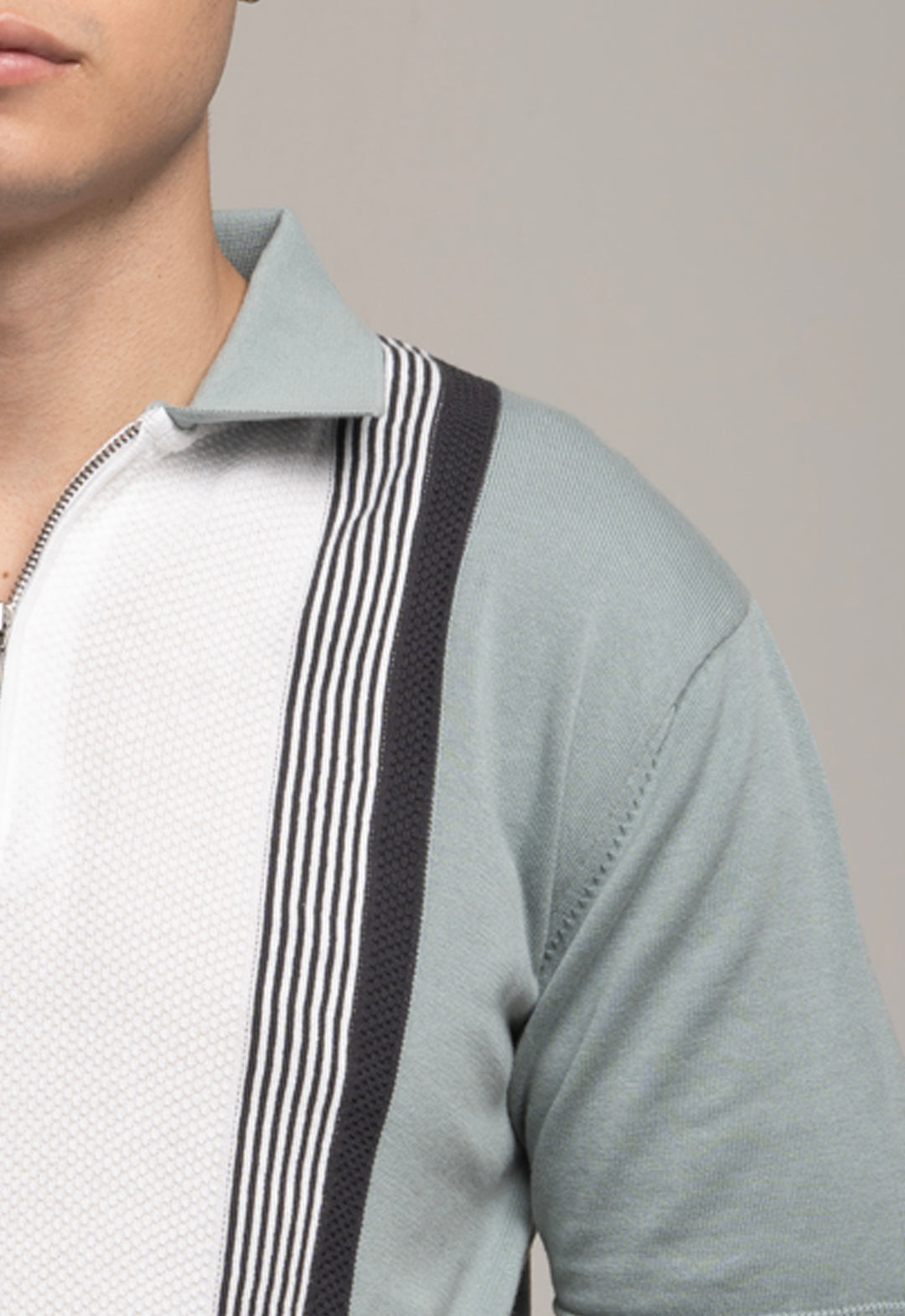 Knitted Contrast Stripe Polo - Steel Grey