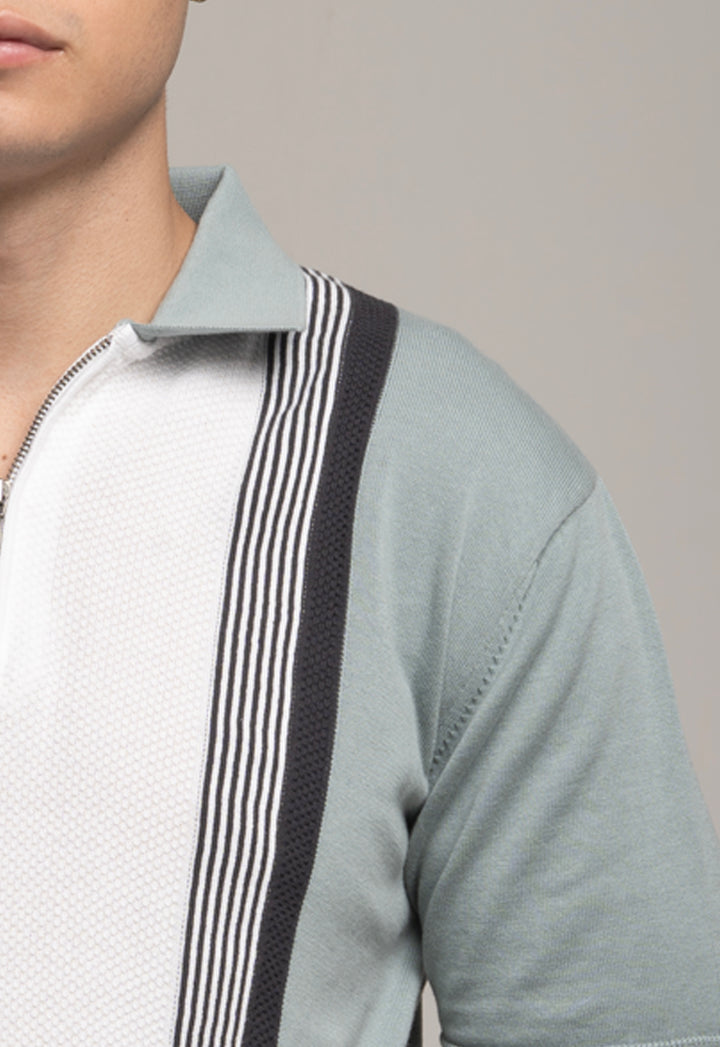 Knitted Contrast Stripe Polo - Steel Grey