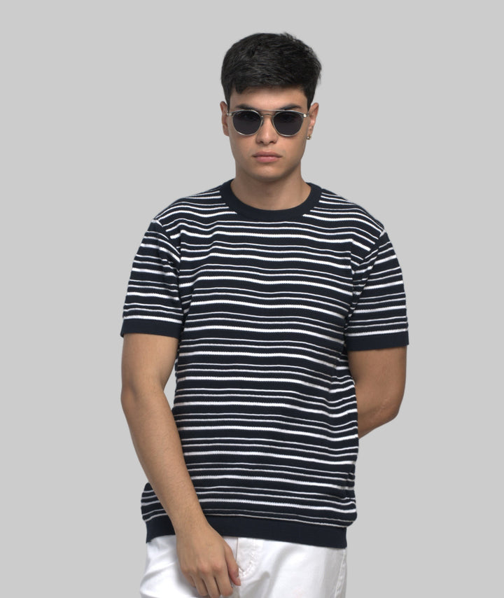 Knitted Striped T-Shirt – Navy