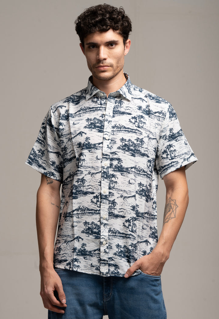 White & Navy Tropical Print Casual Shirt