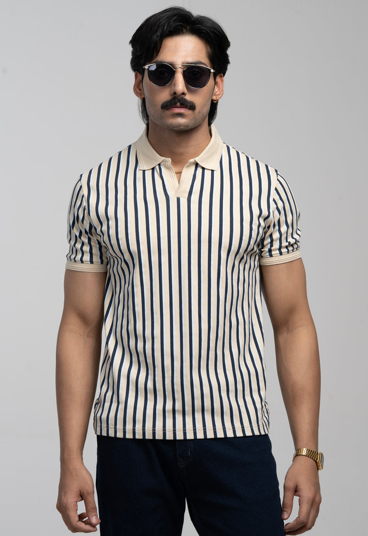 Vintage-Striped Polo Shirt – Beige