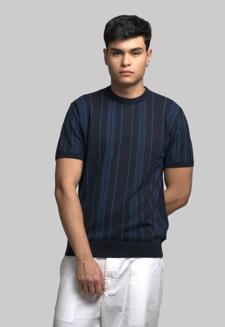 Knitted Striped Knit T-Shirt - Navy