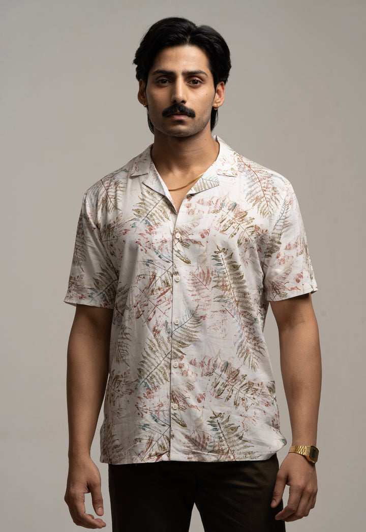 Tropical Leaf Print Casual Shirt – Cream