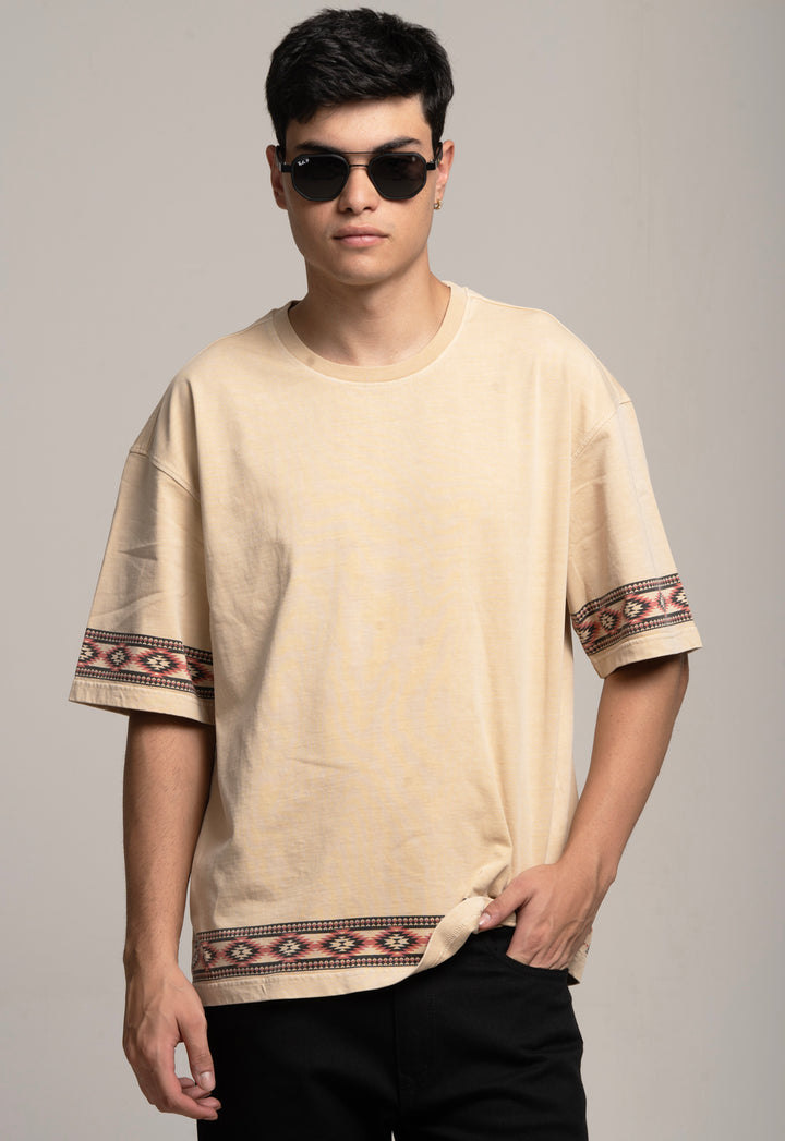 Drop-Shoulder Tee with Geometric Band - Beige
