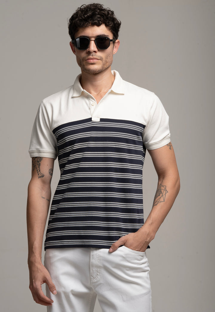 Navy & White Striped Polo