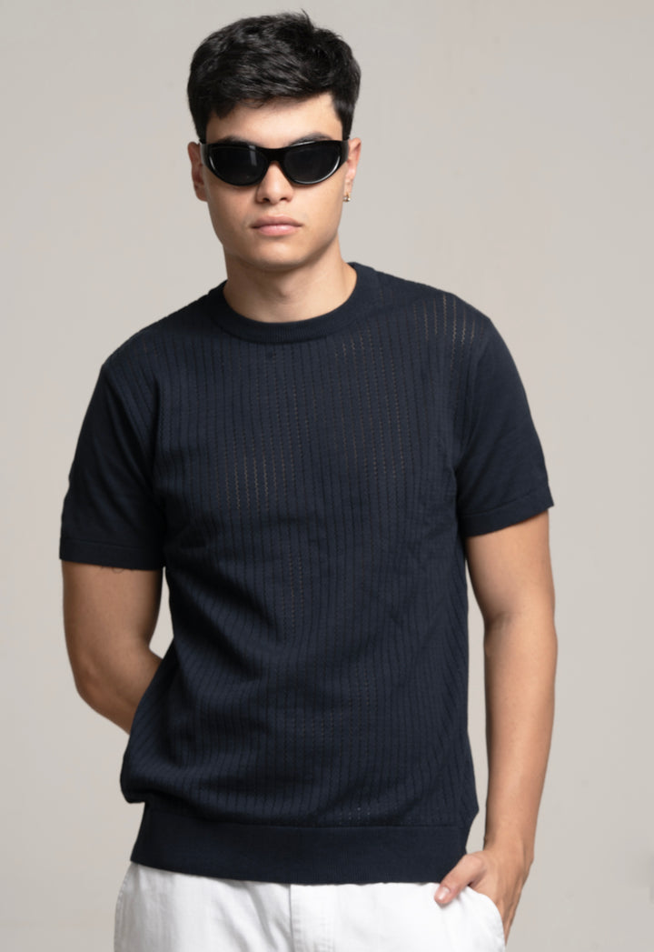 Ultra-Soft Navy Textured Knit T-Shirt