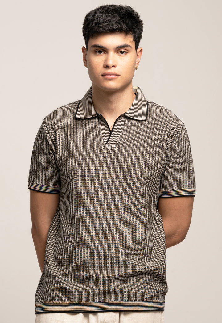 Knitted Striped Polo T-Shirt – Grey