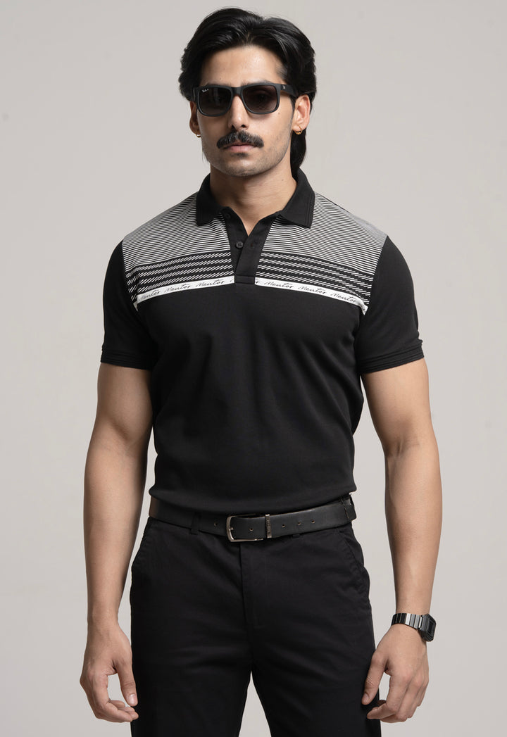 Polo T-Shirt with Striped Yoke - BLACK