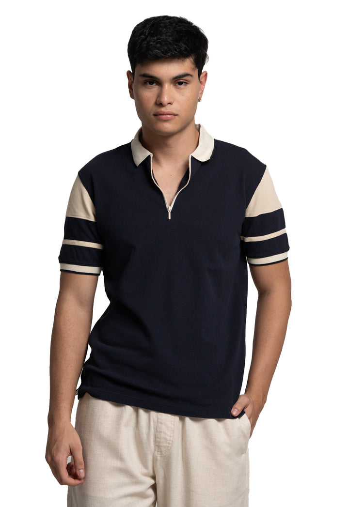 CUT AND SEW COLOUR BLOCK POLO T-SHIRT - NAVY