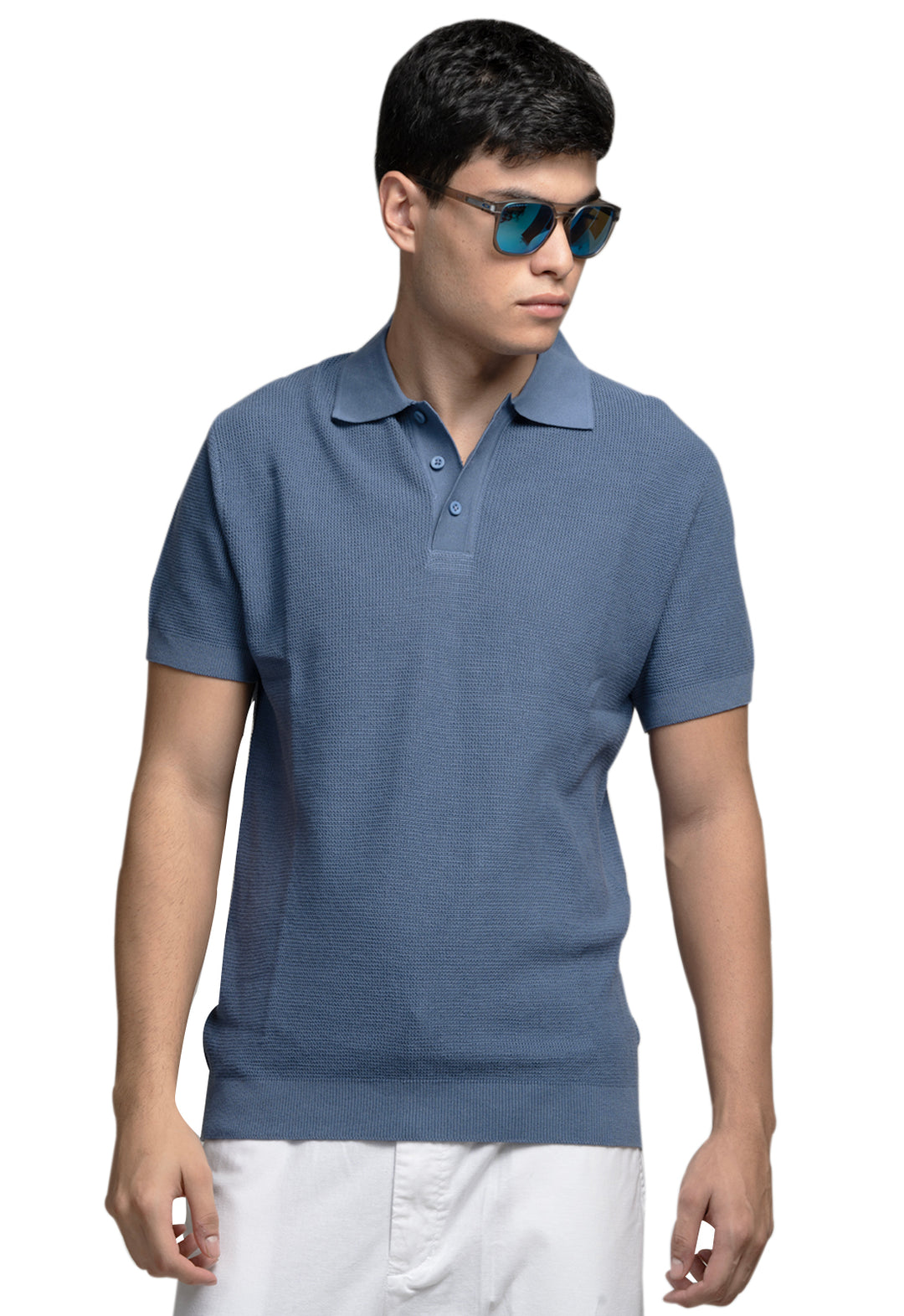 KNITTED COTTON POLO - BLUE
