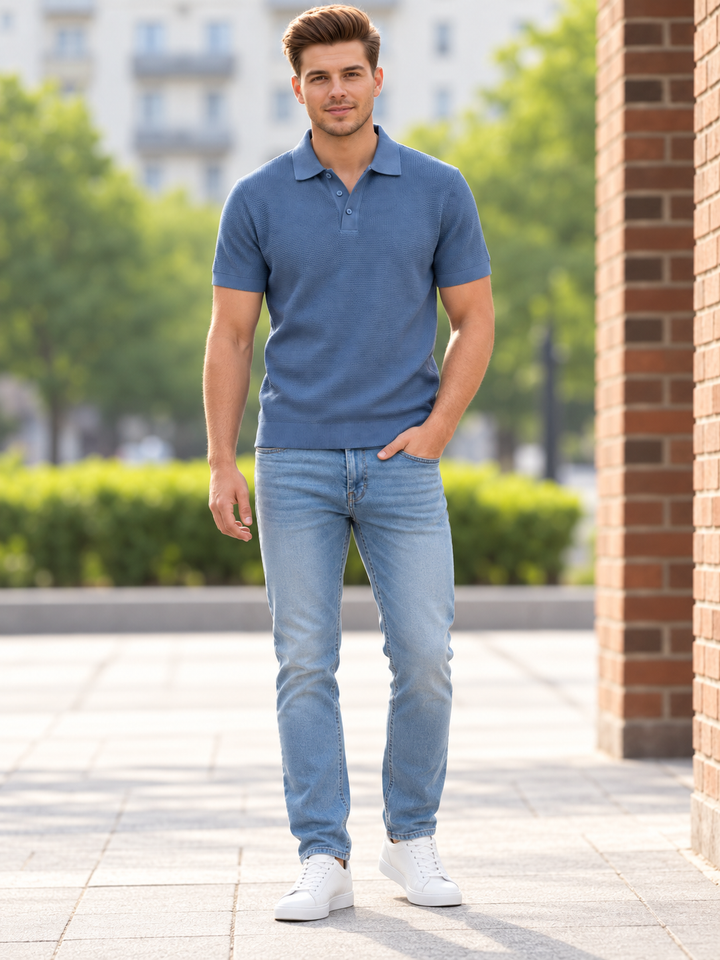 A man wearing a blue short-sleeve polo shirt, light blue jeans, and white sneakers standing outdoors on a paved walkway next to a brick wall.
