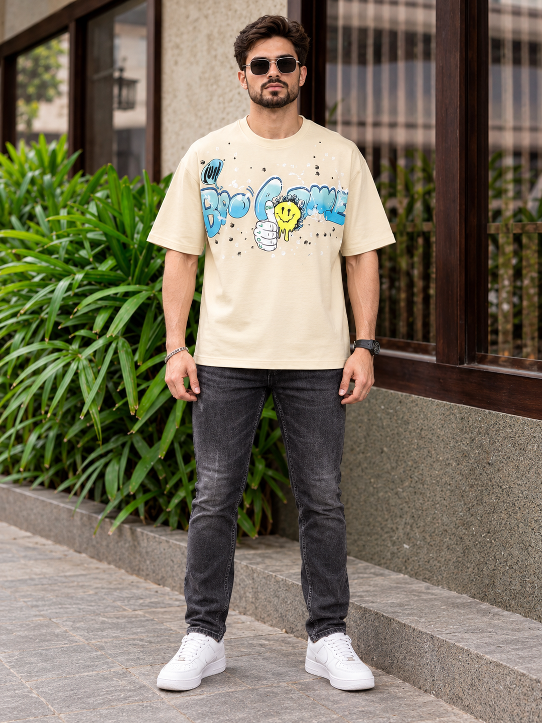 Graphic Kimono Sleeves T-Shirt – Beige