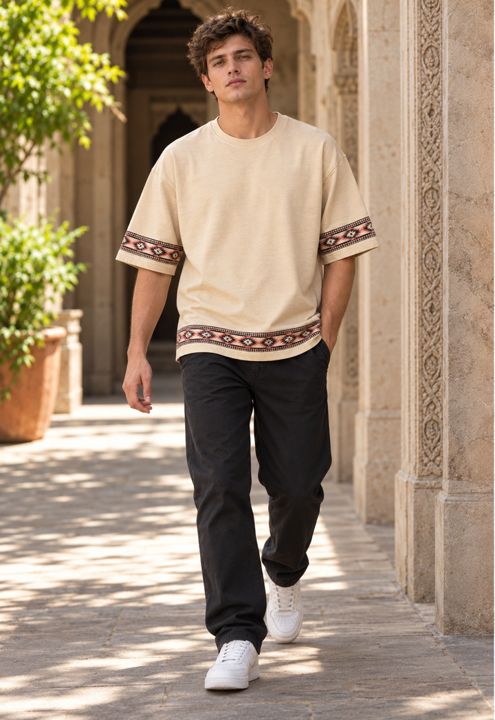 Drop-Shoulder Tee with Geometric Band - Beige