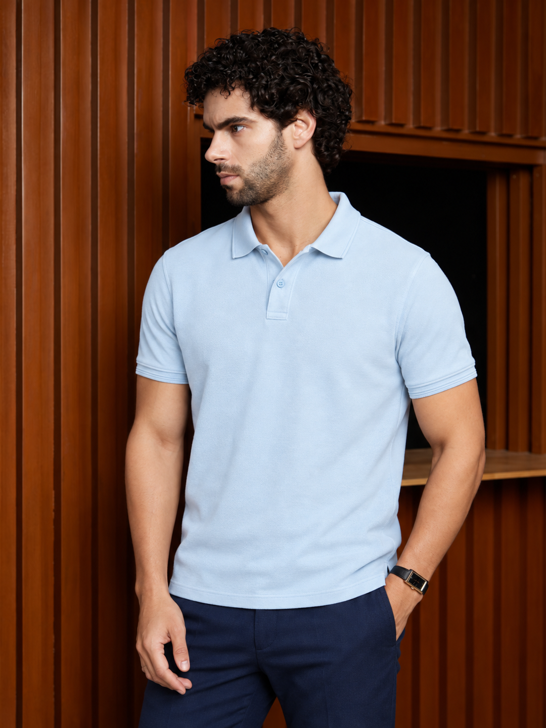 A man wearing a light blue short-sleeve polo shirt and navy trousers, standing in front of a brown wood-paneled wall.