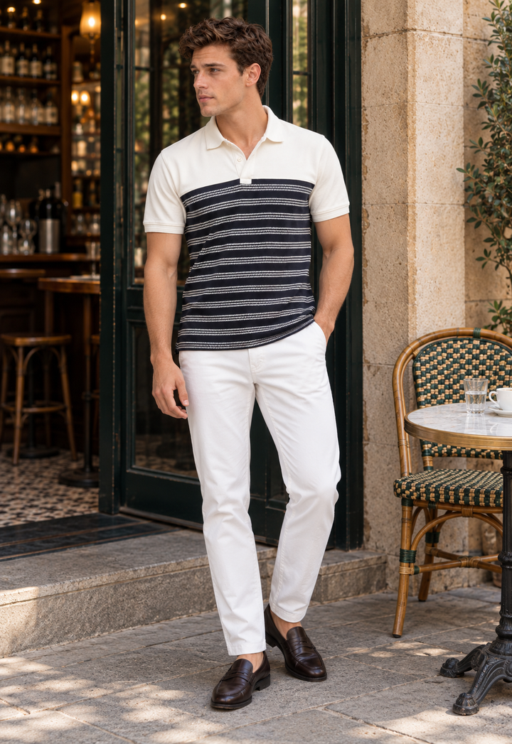 Navy & White Striped Polo