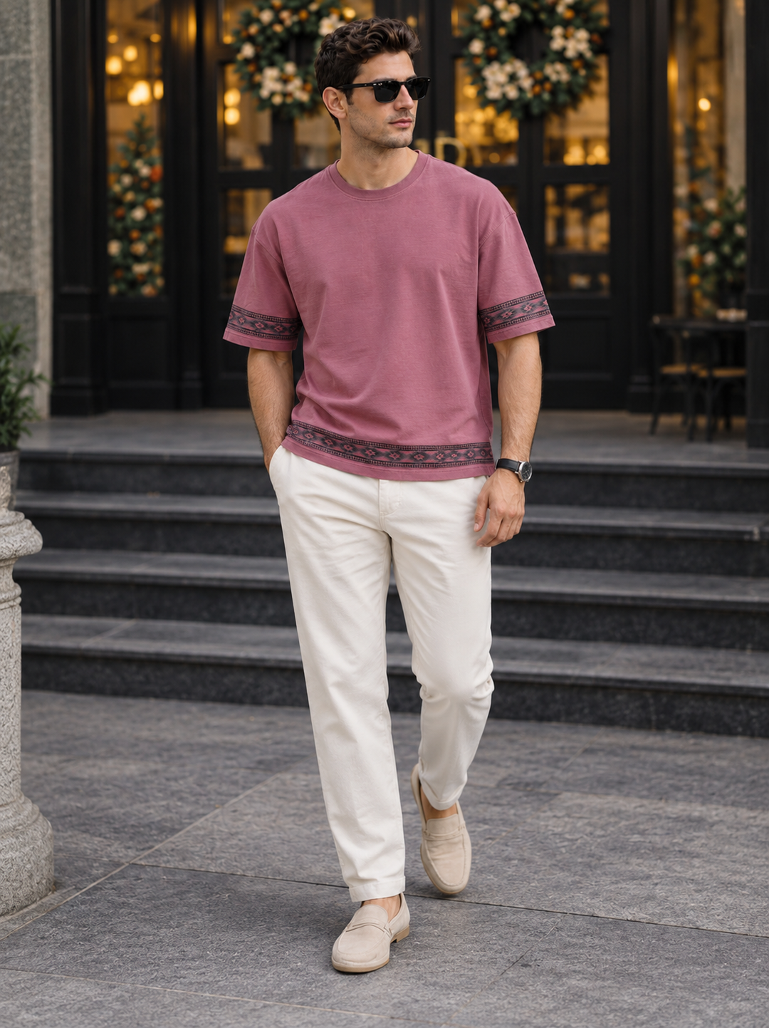 Drop-Shoulder Tee with Geometric Band - Red