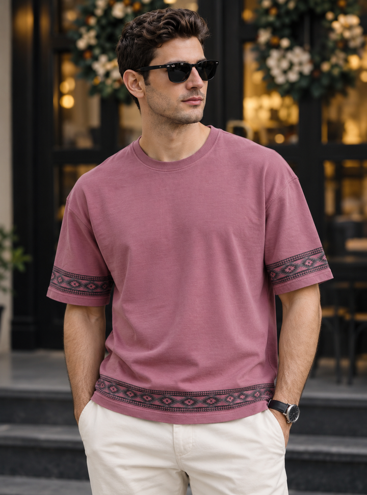Drop-Shoulder Tee with Geometric Band - Red