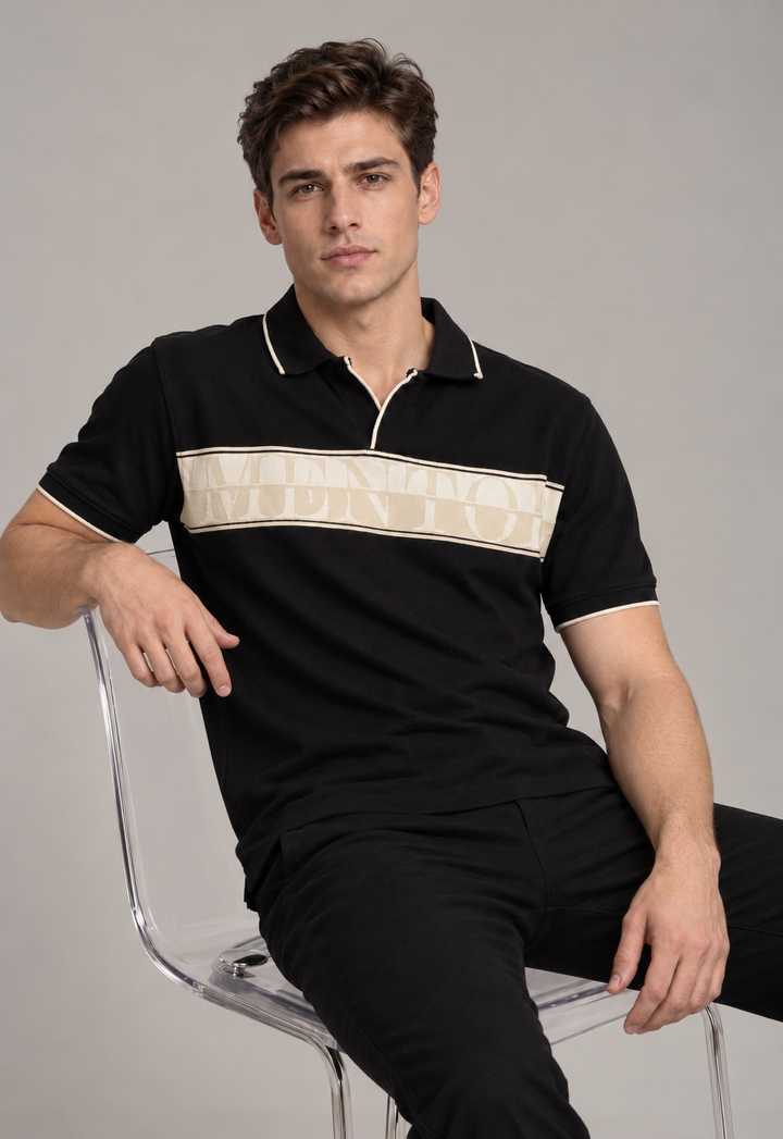 Black Polo with Crest Stripe
