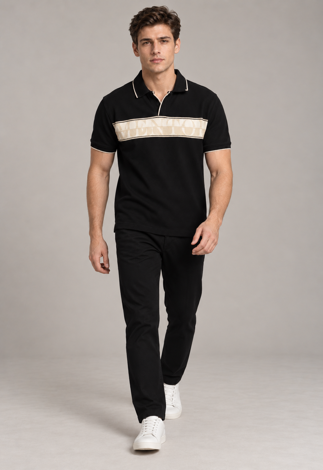 Black Polo with Crest Stripe