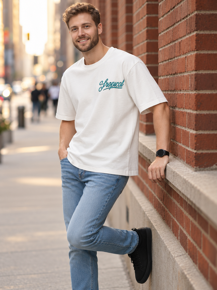Graphic Drop Shoulder  T-Shirt – Off White