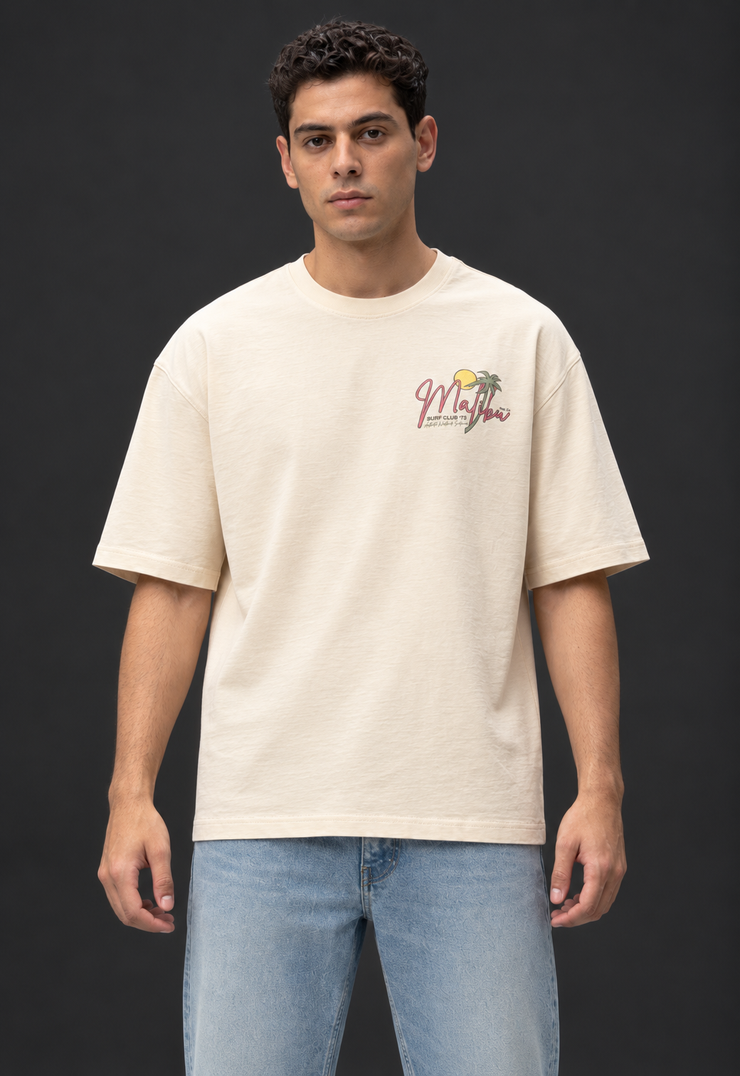 Graphic Drop Shoulder T-Shirt – Beige