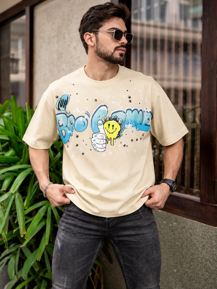 Graphic Kimono Sleeves T-Shirt – Beige