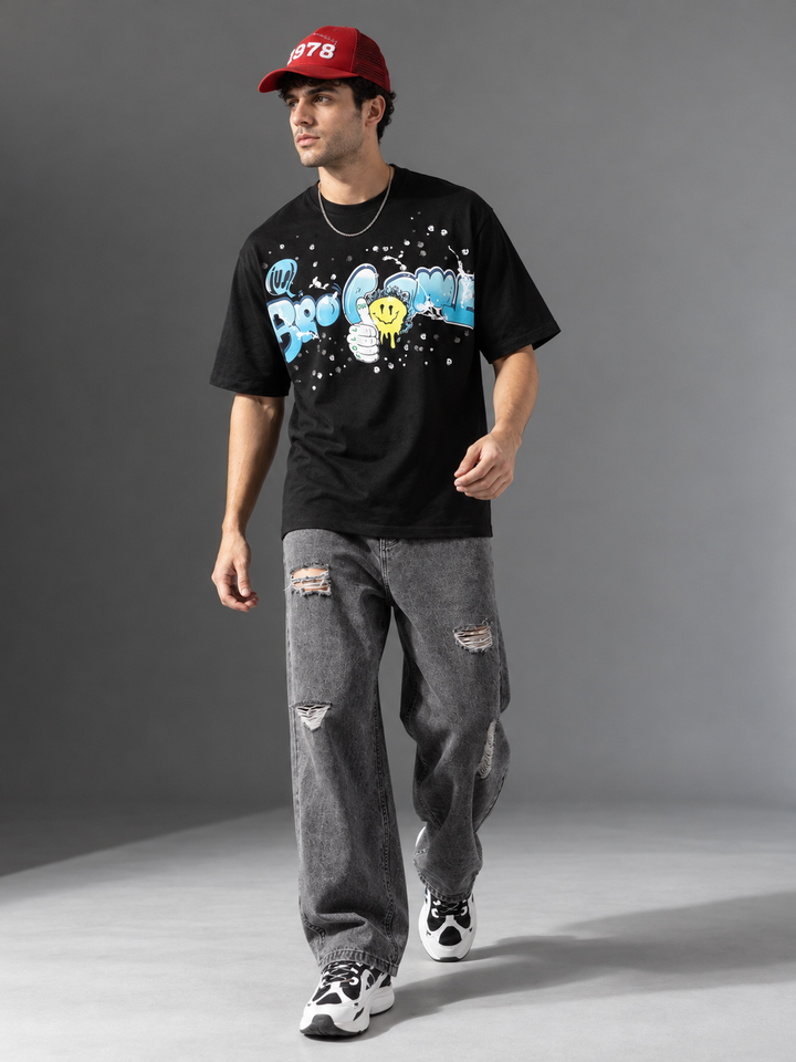 Graphic Kimono Sleeves T-Shirt – Black