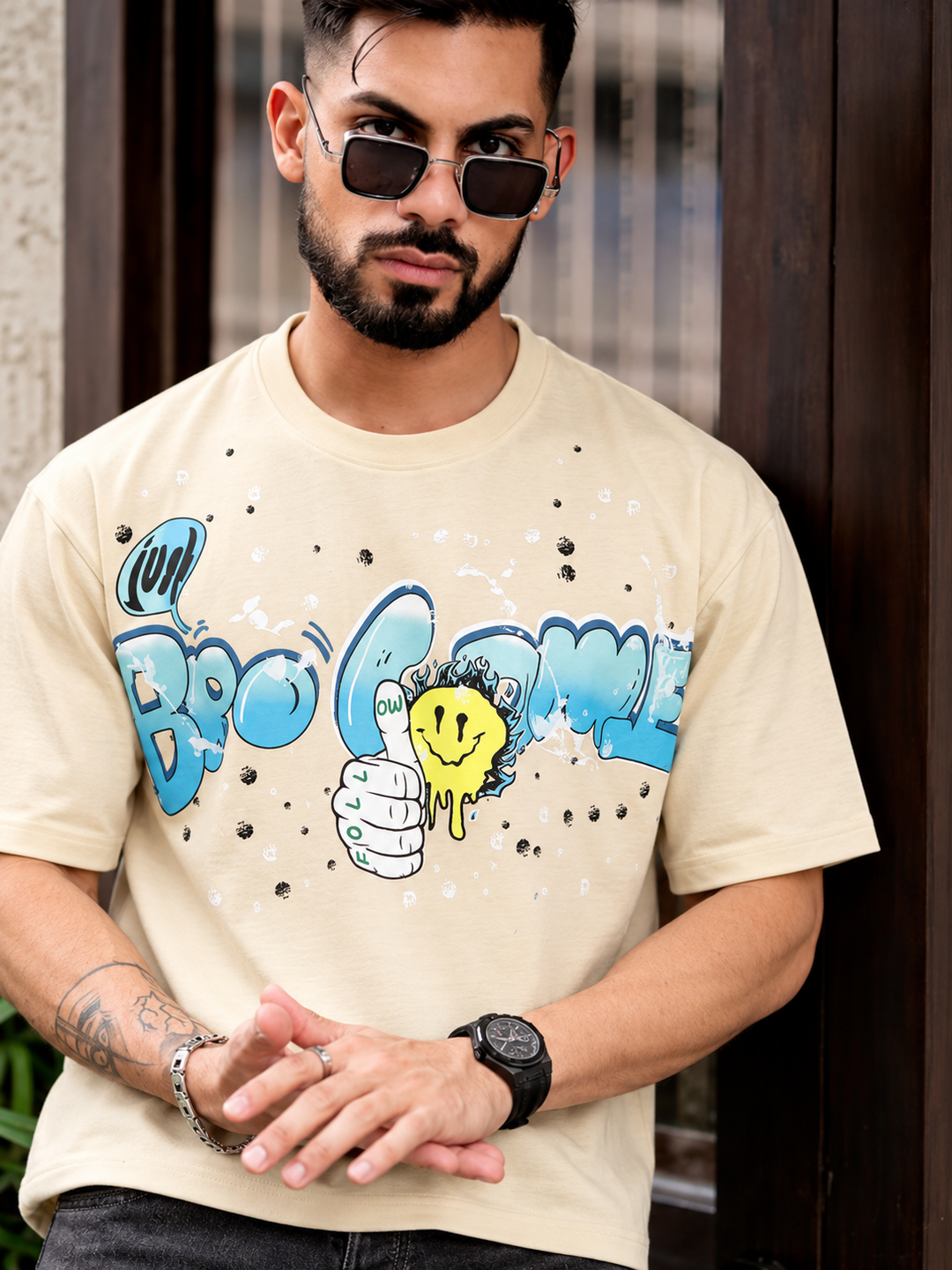 Graphic Kimono Sleeves T-Shirt – Beige