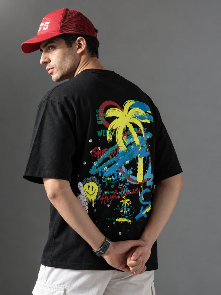 Graphic Kimono Sleeves T-Shirt – Black