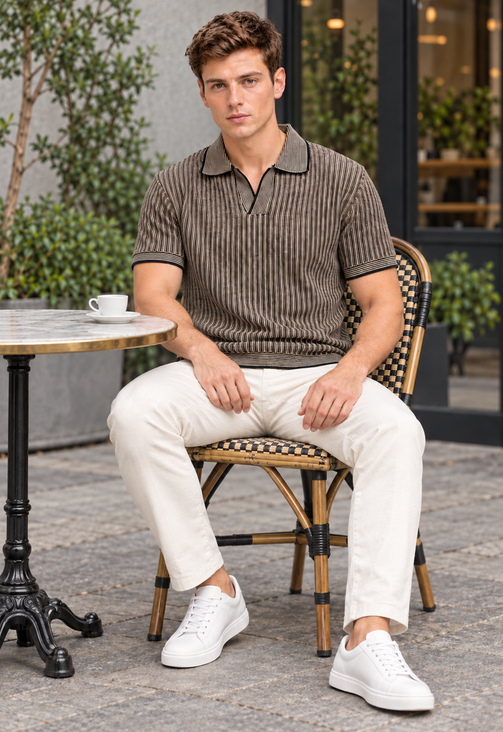 Knitted Striped Polo T-Shirt – Grey