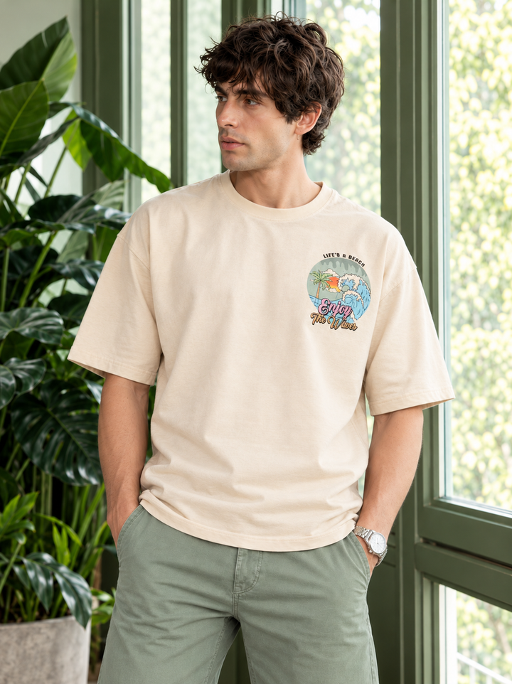 Graphic Drop Shoulder T-Shirt - Beige