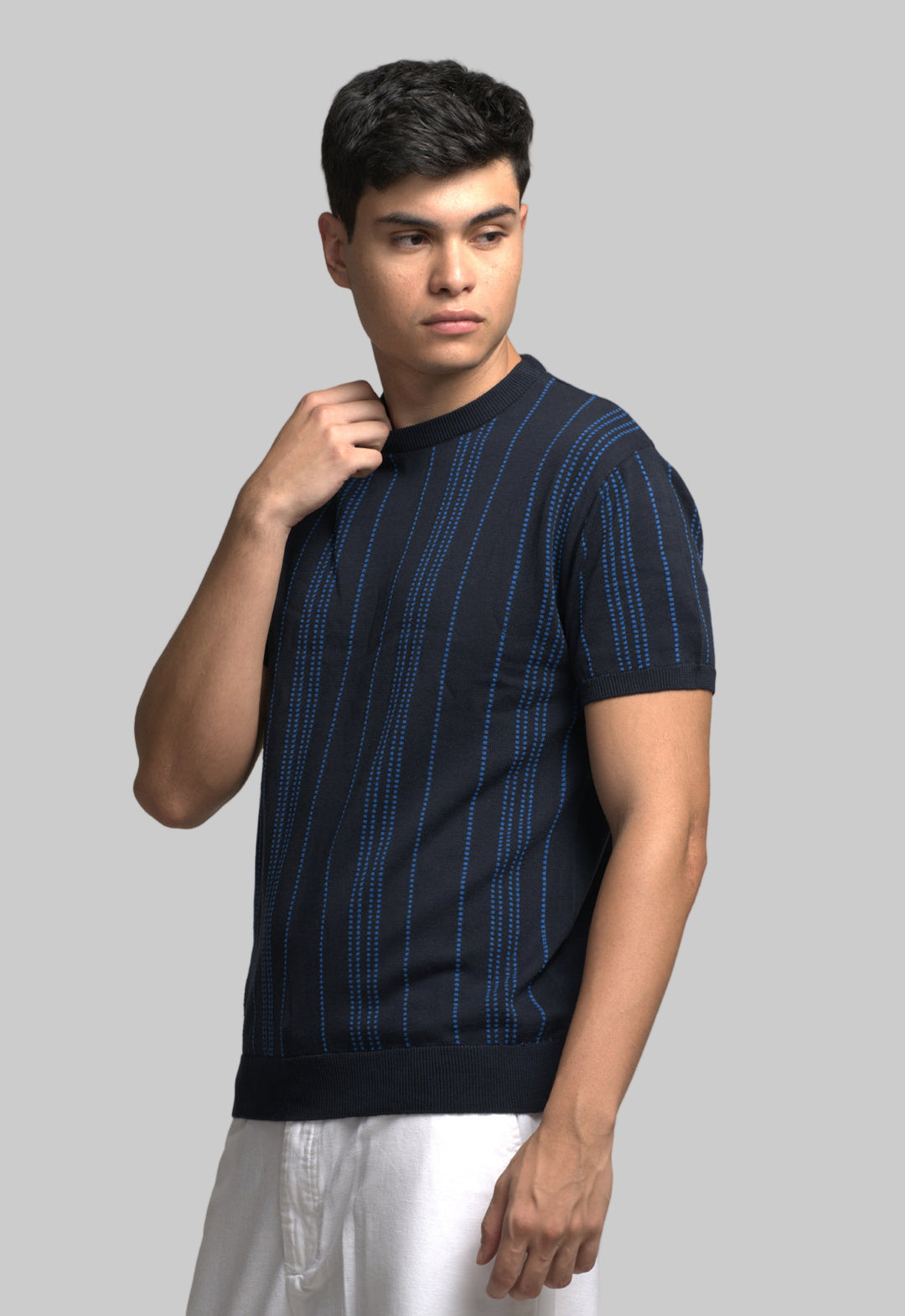 Knitted Striped Knit T-Shirt - Navy