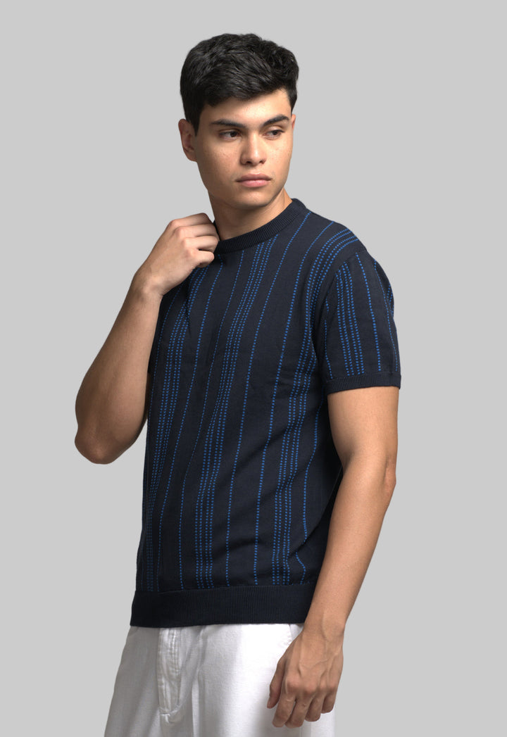 Knitted Striped Knit T-Shirt - Navy