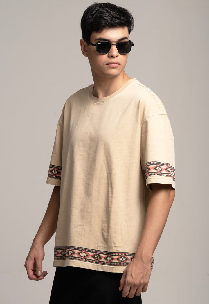 Drop-Shoulder Tee with Geometric Band - Beige