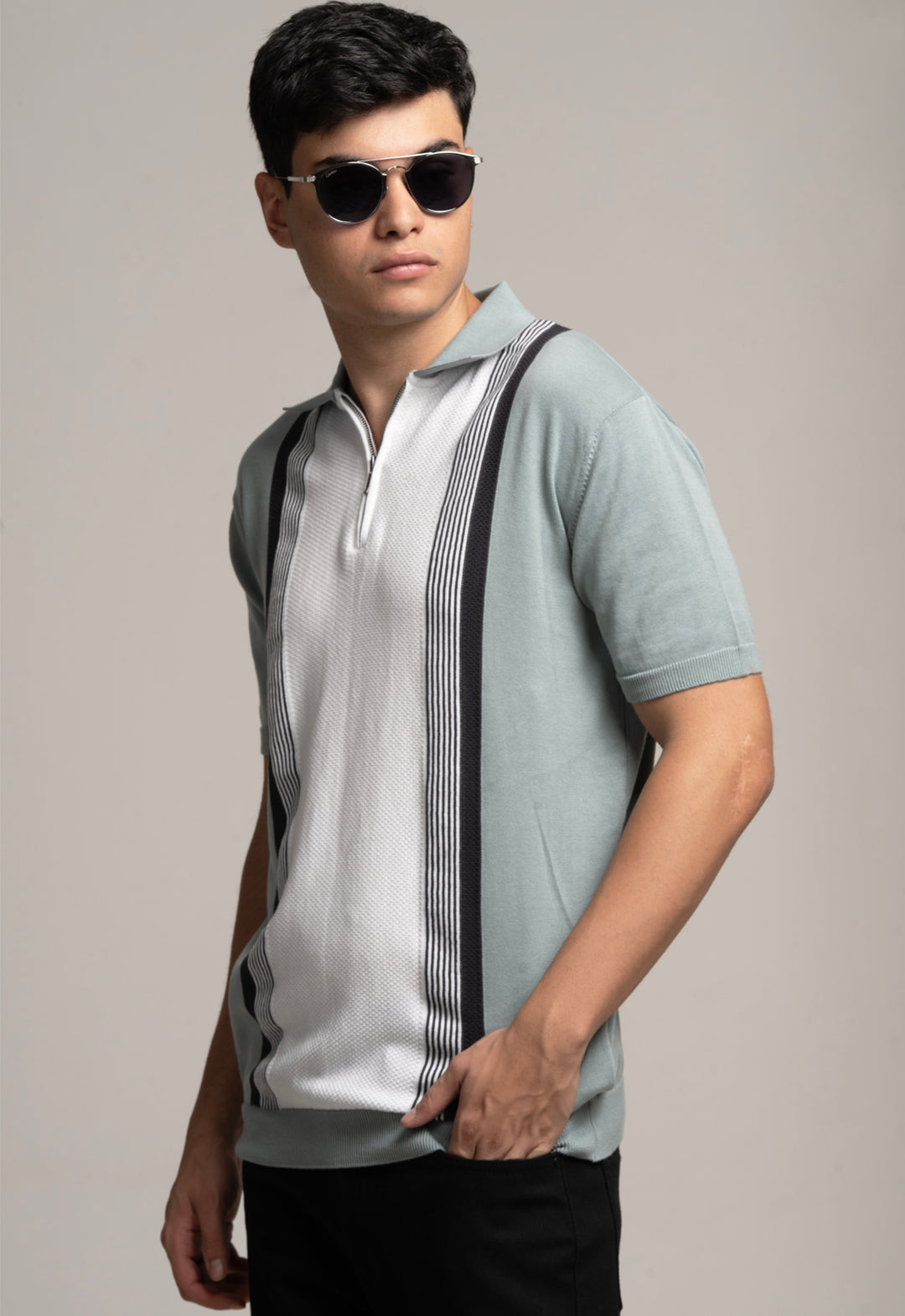 Knitted Contrast Stripe Polo - Steel Grey