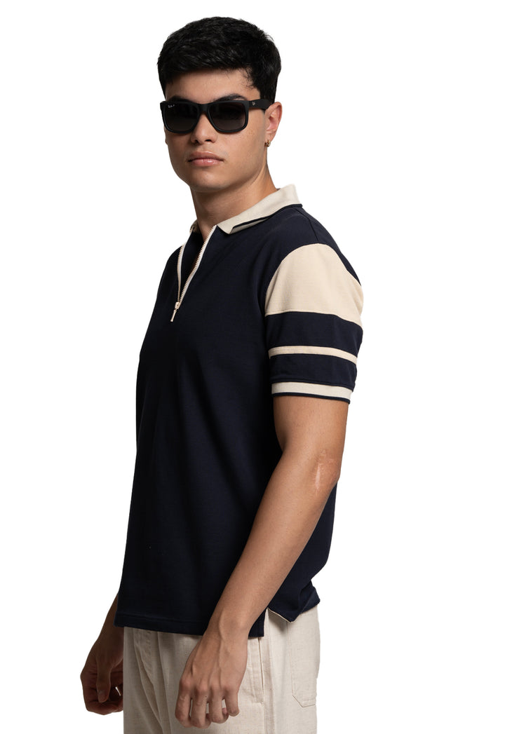 CUT AND SEW COLOUR BLOCK POLO T-SHIRT - NAVY
