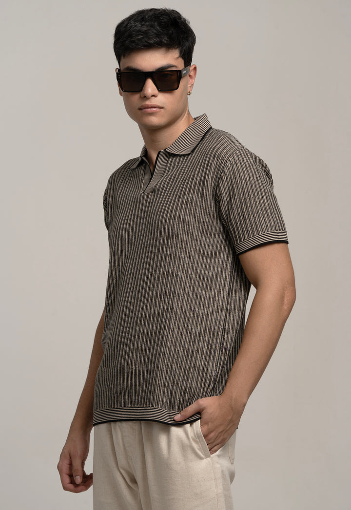 Knitted Striped Polo T-Shirt – Grey