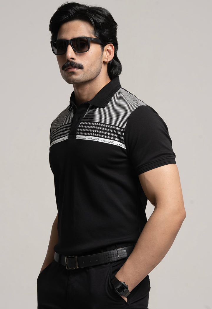 Polo T-Shirt with Striped Yoke - BLACK