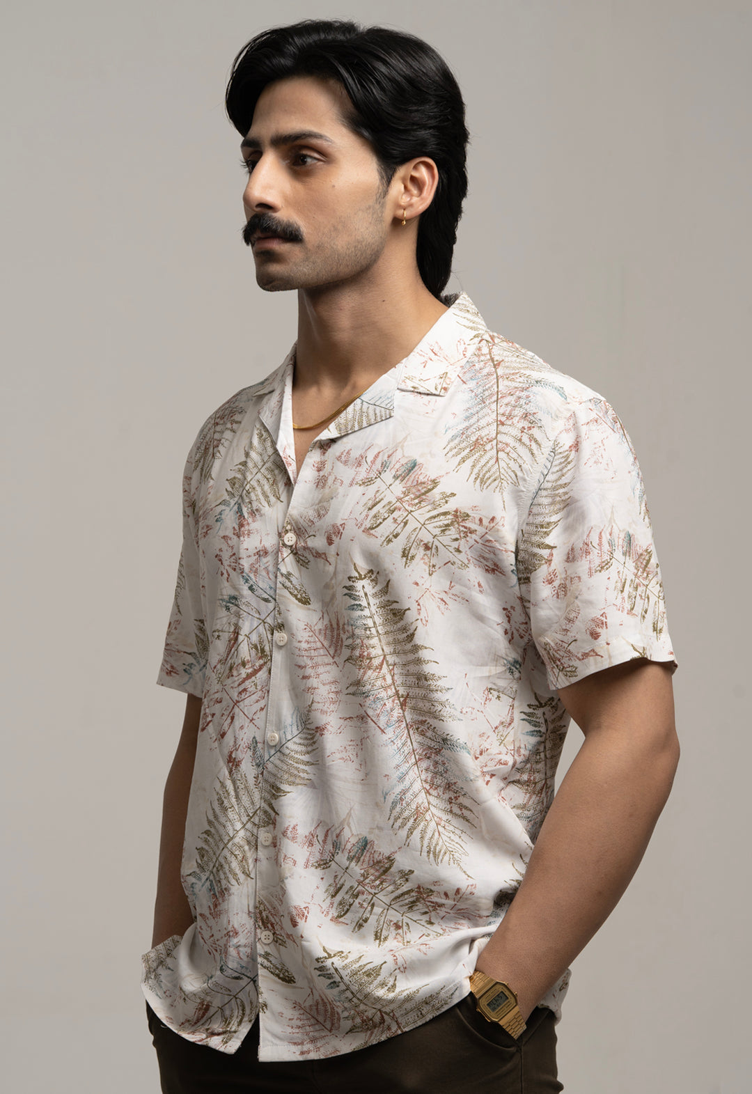 Tropical Leaf Print Casual Shirt – Cream