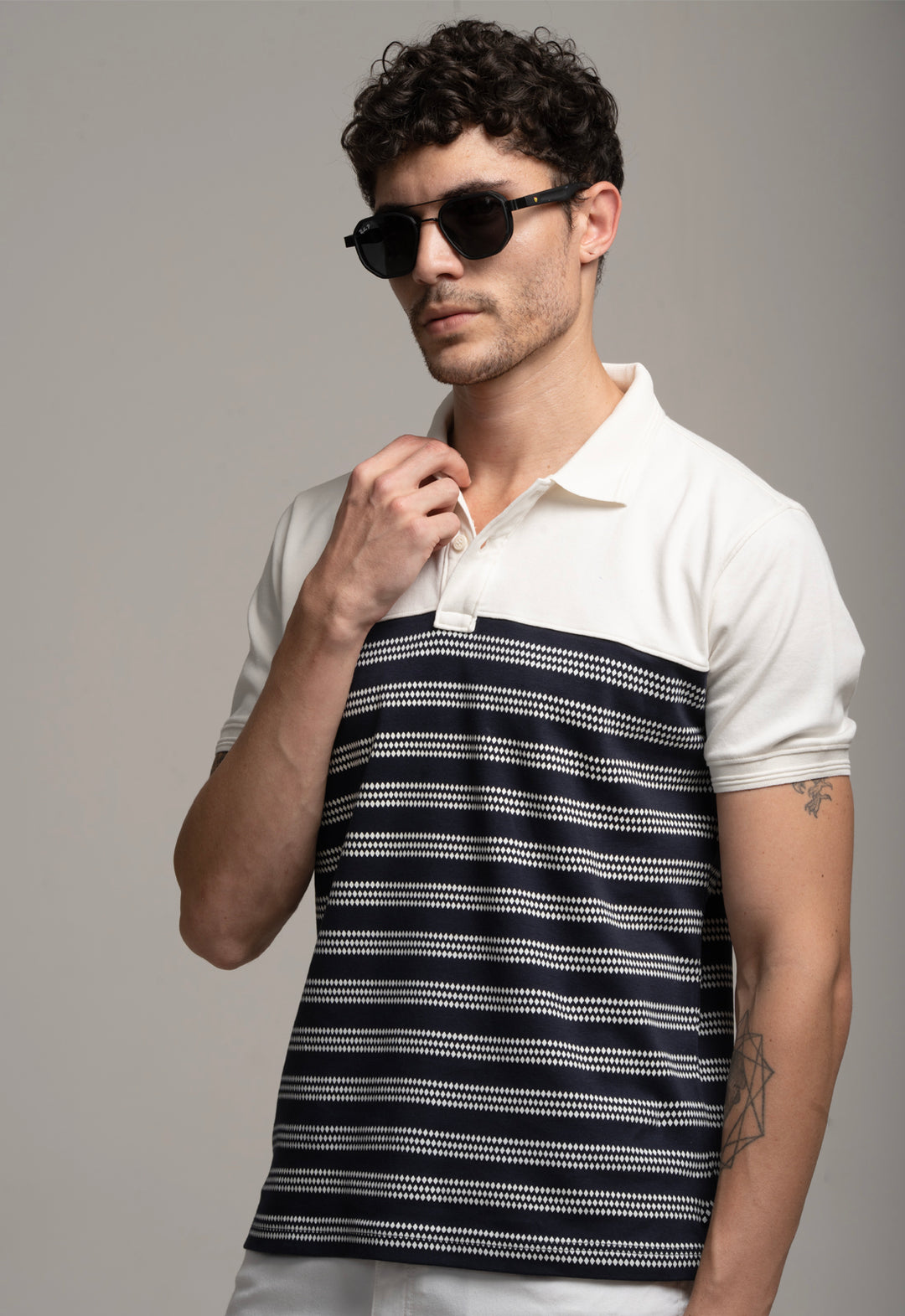 Navy & White Striped Polo