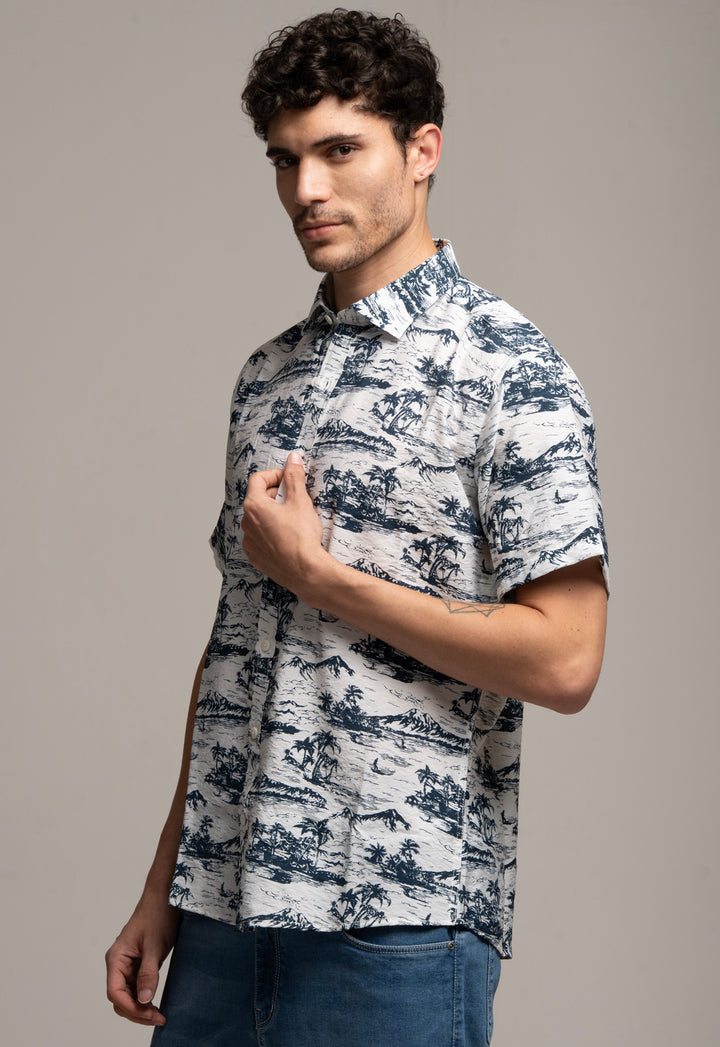 White & Navy Tropical Print Casual Shirt