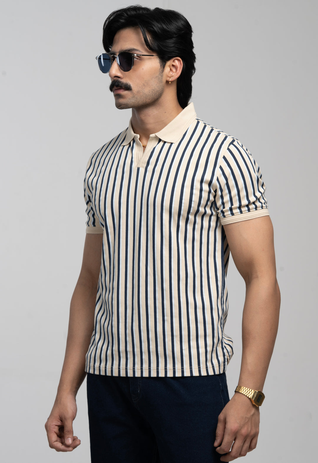 Vintage-Striped Polo Shirt – Beige