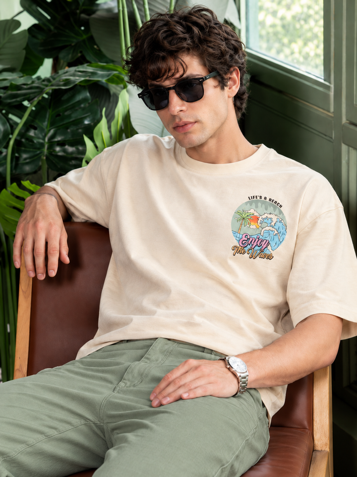 Graphic Drop Shoulder T-Shirt - Beige