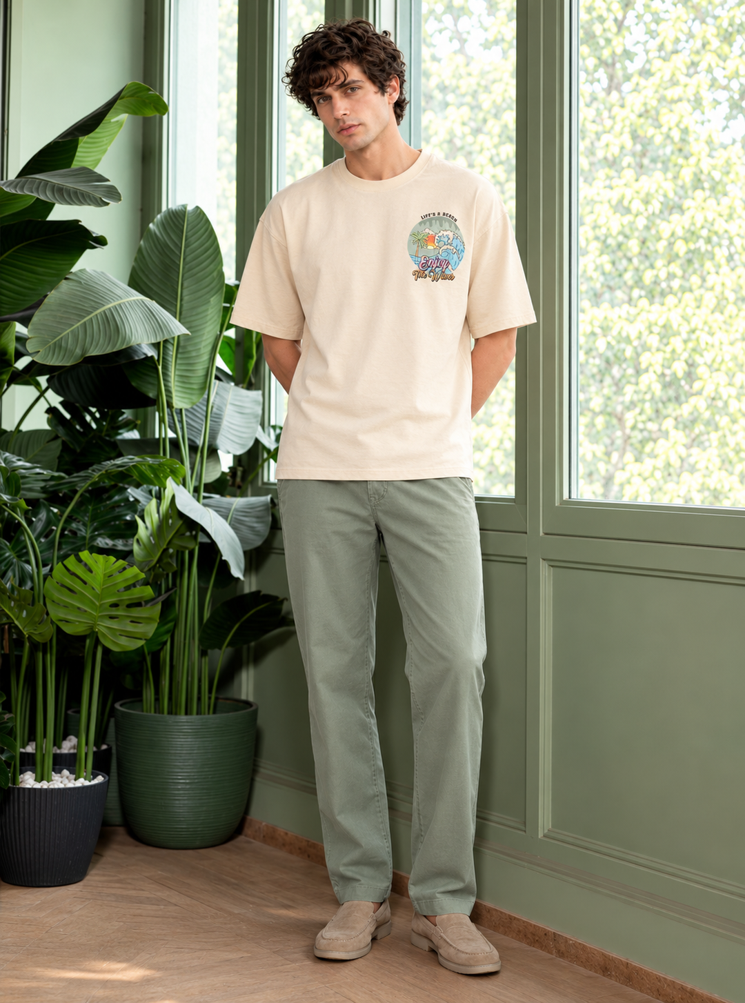 Graphic Drop Shoulder T-Shirt - Beige