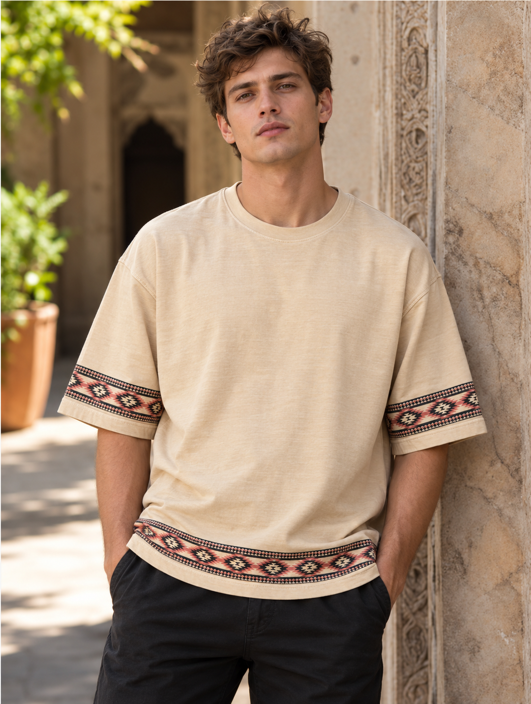 Drop-Shoulder Tee with Geometric Band - Beige