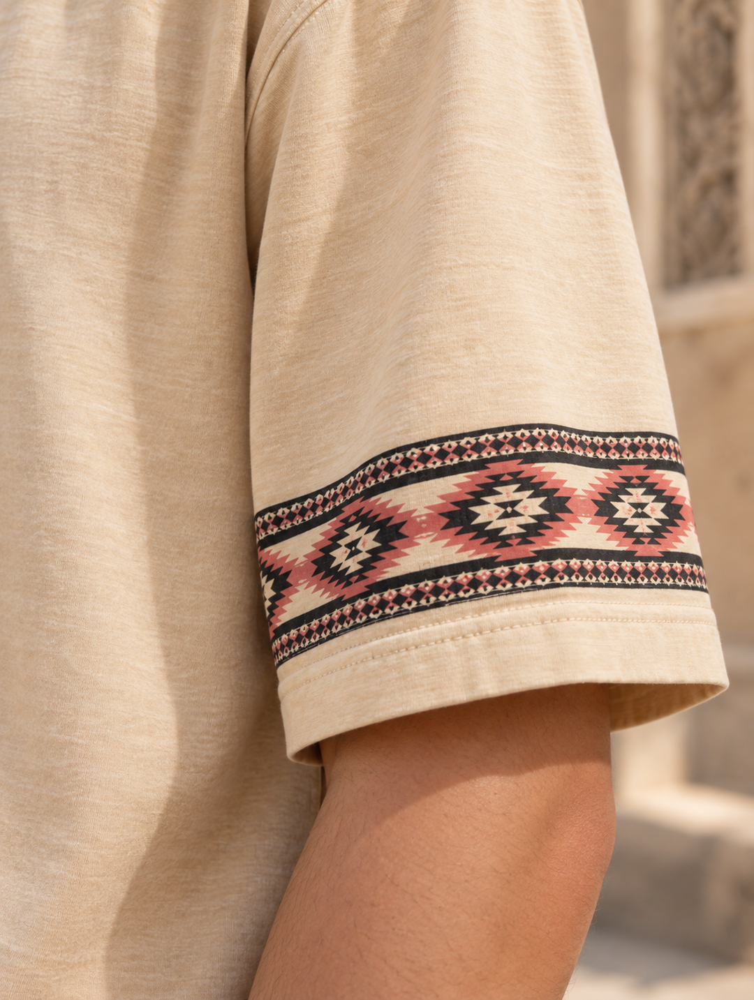 Drop-Shoulder Tee with Geometric Band - Beige