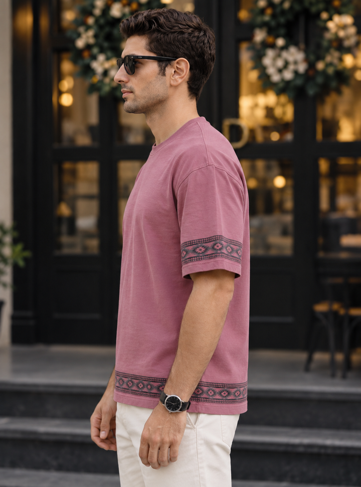 Drop-Shoulder Tee with Geometric Band - Red